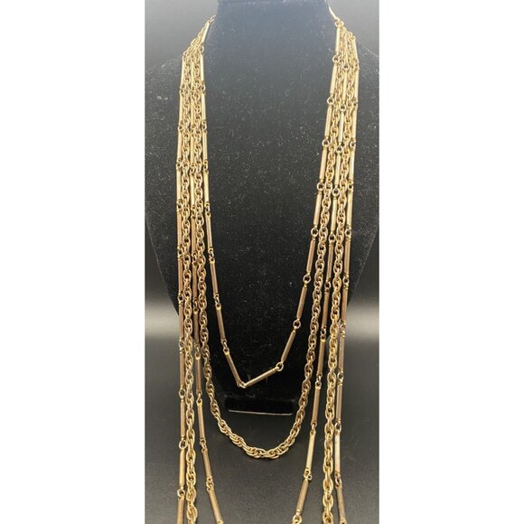 Vtg 50's-60's Chain Necklace Layered Bar Link Rope Yellow Gold Tone 5 Strand 31" - Picture 2 of 6